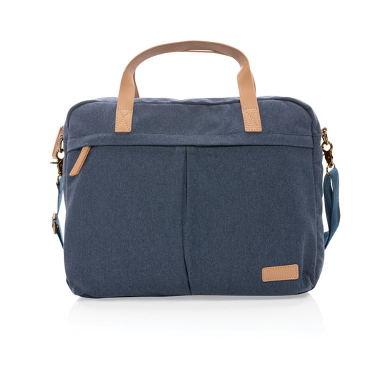 Recycled canvas laptop bag by XD Collection, 16 oz. eco-friendly bag with adjustable strap and multiple compartments.