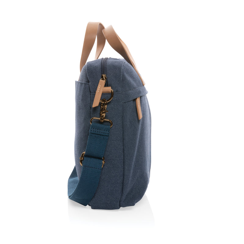 Load image into Gallery viewer, 16 oz recycled canvas laptop bag from XD Collection, featuring a sleek design with a handle and multiple compartments.
