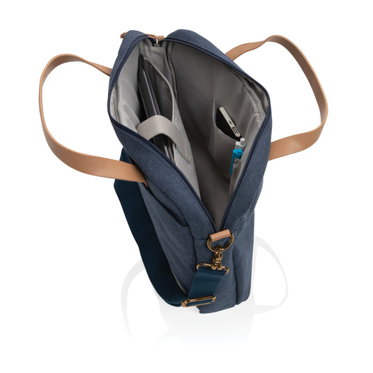 Recycled canvas laptop bag by XD Collection, 16 oz. durable eco-friendly bag with handle and zipper closure.