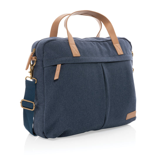 16 oz recycled canvas laptop bag by XD Collection, stylish and eco-friendly with a spacious main compartment and adjustable strap.