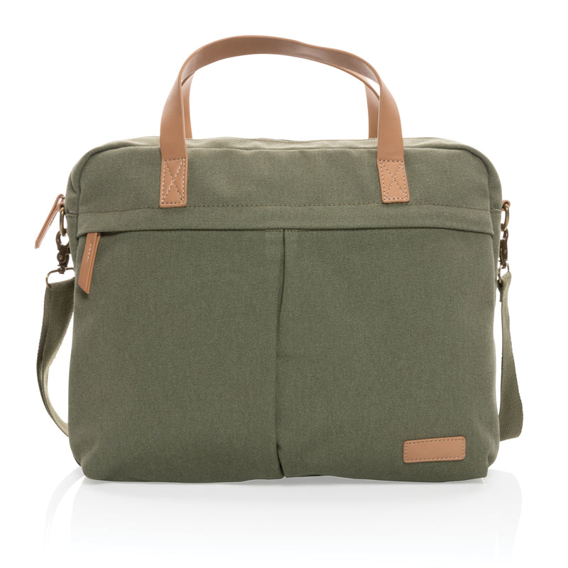 Load image into Gallery viewer, 16 oz recycled canvas laptop bag by XD Collection with adjustable strap and multiple compartments for travel and daily use
