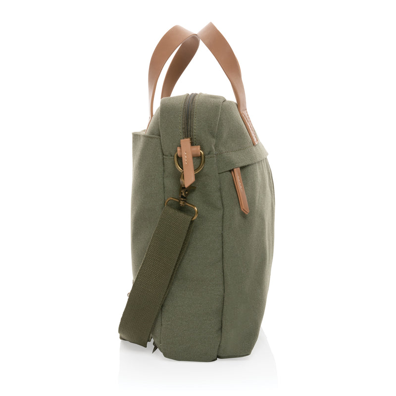 Load image into Gallery viewer, 16 oz. recycled canvas laptop bag by XD Collection featuring a sleek, eco-friendly design with a spacious main compartment.
