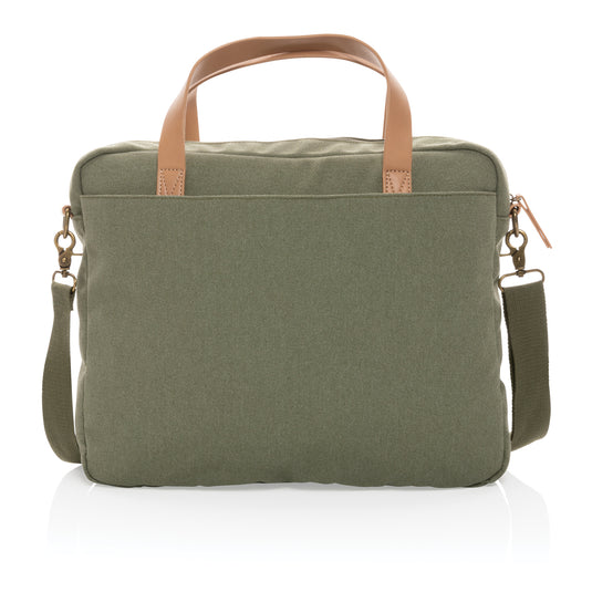 16 oz recycled canvas laptop bag from XD Collection featuring a durable, eco-friendly design with a top handle and zipper closure.