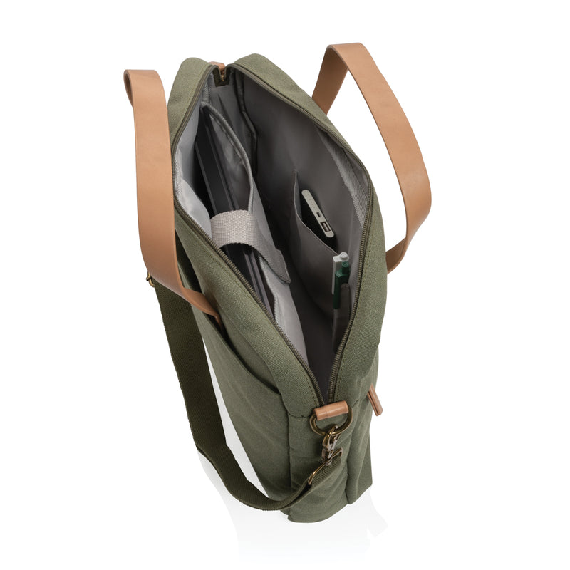 Load image into Gallery viewer, Recycled canvas laptop bag by XD Collection, 16 oz. durable bag with shoulder strap for travel and everyday use.
