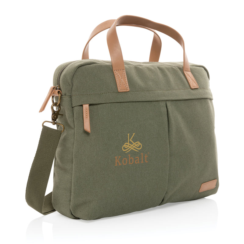 Load image into Gallery viewer, Recycled canvas laptop bag by XD Collection, 16 oz., with adjustable strap and multiple compartments for travel and everyday use.
