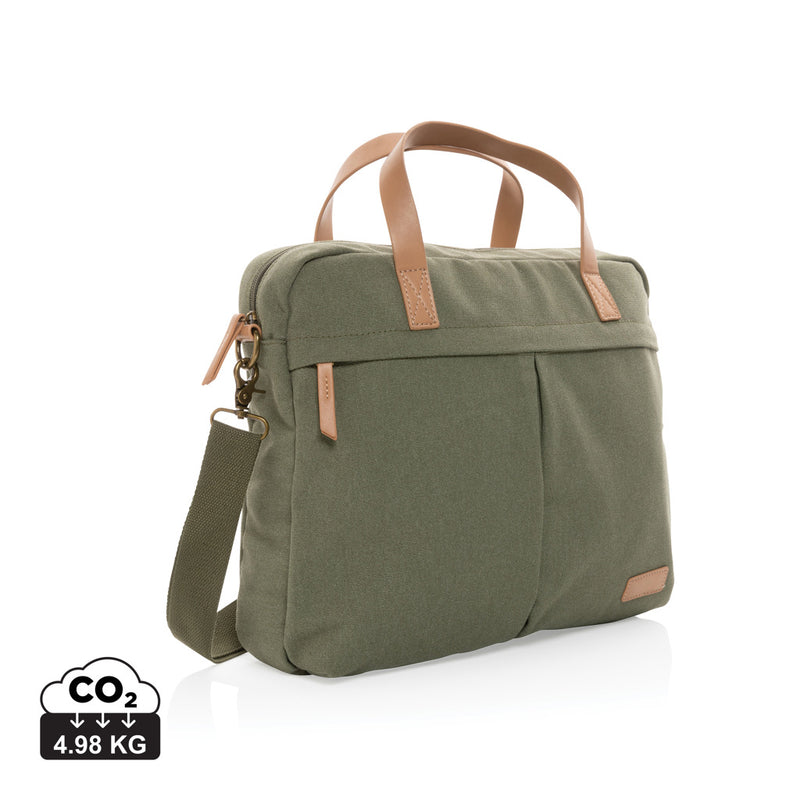 Load image into Gallery viewer, 16 oz recycled canvas laptop bag by XD Collection featuring a durable, eco-friendly bag with handles and a sleek design.
