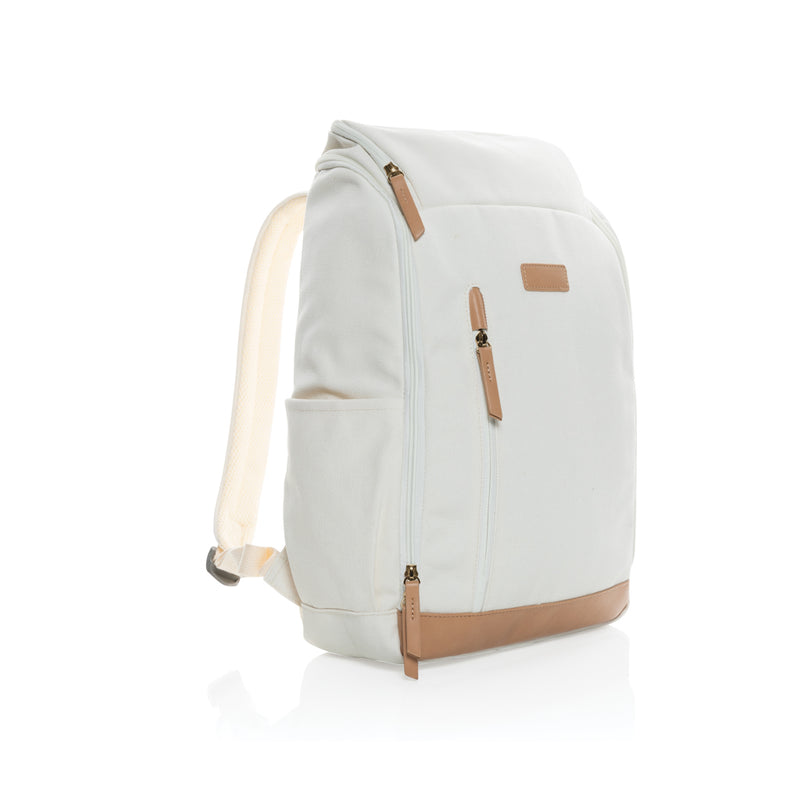 Load image into Gallery viewer, 16 oz recycled canvas laptop backpack by XD Collection with a 15-inch compartment, durable eco-friendly design, and carrying straps.
