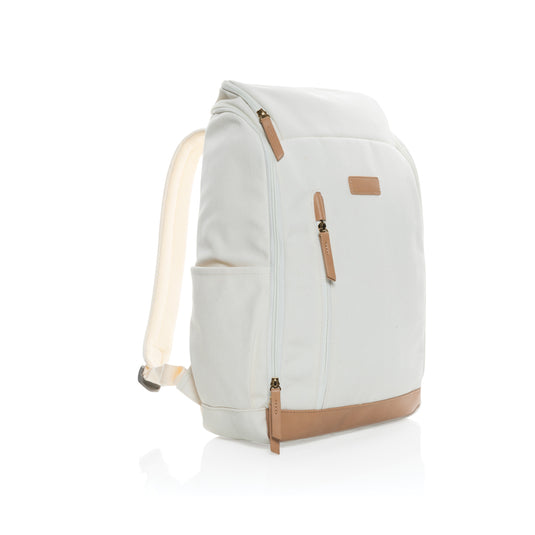 16 oz recycled canvas laptop backpack by XD Collection with a 15-inch compartment, durable eco-friendly design, and carrying straps.