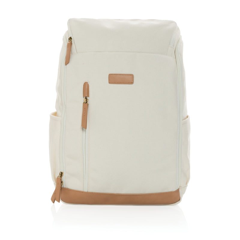 Load image into Gallery viewer, Recycled canvas 15-inch laptop backpack by XD Collection with multiple compartments and adjustable straps.
