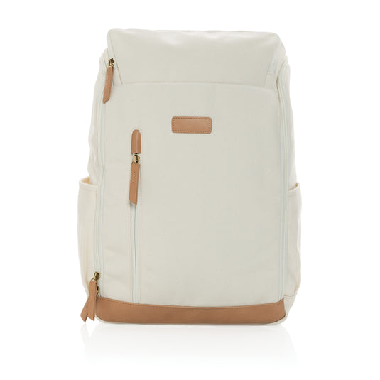 Recycled canvas 15-inch laptop backpack by XD Collection with multiple compartments and adjustable straps.