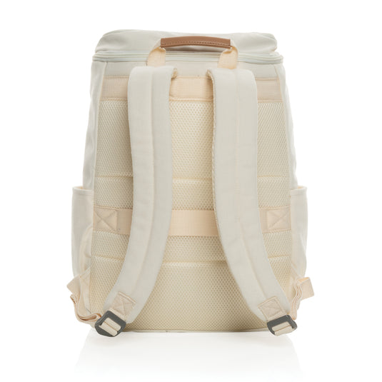 16 oz recycled canvas laptop backpack by XD Collection with multiple compartments and padded straps, 15 inches in size.