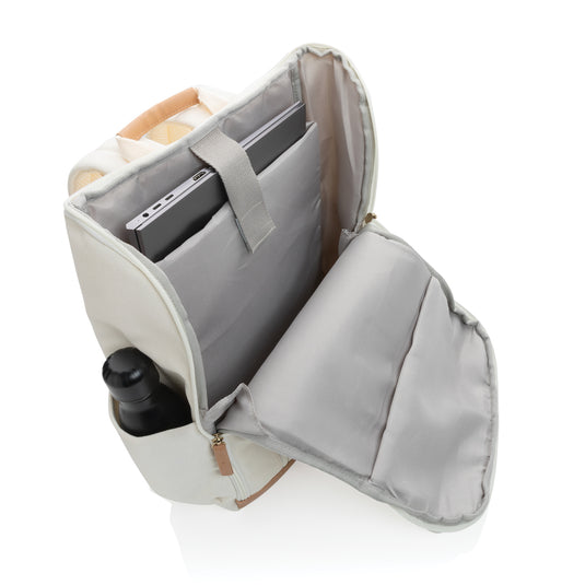 16 oz recycled canvas laptop backpack from XD Collection, 15-inch bag with multiple compartments and sturdy shoulder straps.