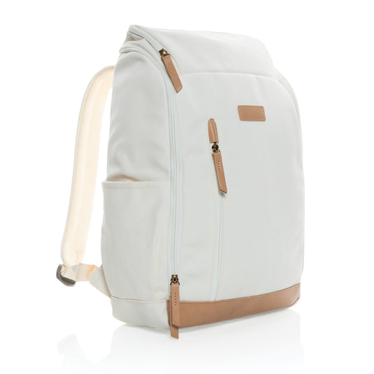 16 oz recycled canvas laptop backpack by XD Collection with 15-inch compartment, sturdy straps, and eco-friendly design.