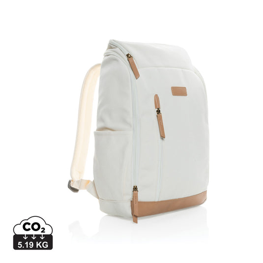 16 oz recycled canvas laptop backpack by XD Collection with 15-inch compartment and adjustable straps in a stylish travel bag design