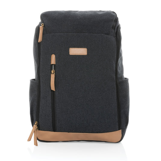 16 oz recycled canvas laptop backpack by XD Collection, 15-inch bag with multiple compartments and adjustable straps.