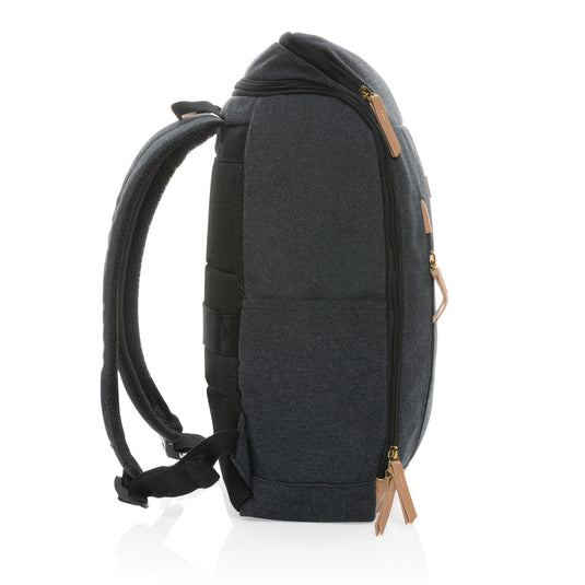 16 oz recycled canvas laptop backpack by XD Collection, 15-inch size with multiple compartments and adjustable straps.