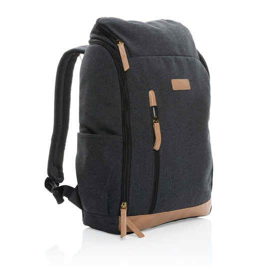 16 oz recycled canvas laptop backpack by XD Collection, 15-inch size, with multiple compartments and padded shoulder straps.