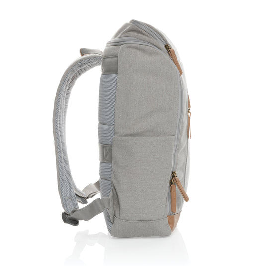 16 oz recycled canvas laptop backpack by XD Collection, 15-inch size, with multiple compartments and adjustable straps.