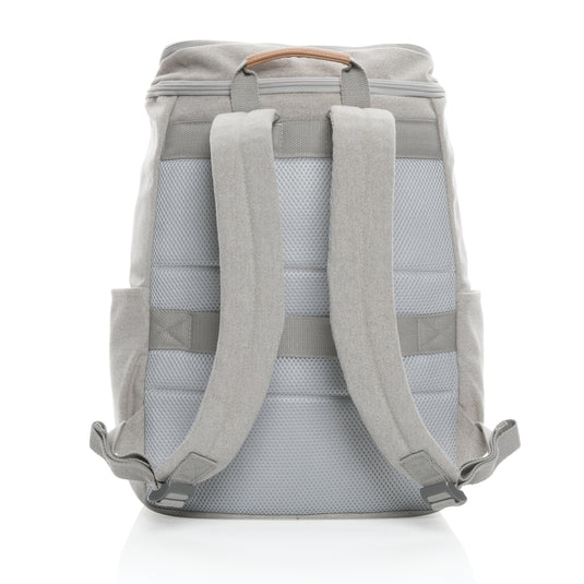 16 oz recycled canvas laptop backpack by XD Collection featuring a 15-inch compartment and multiple storage pockets.