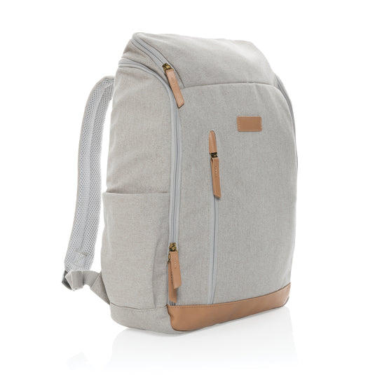 16 oz recycled canvas laptop backpack by XD Collection, 15-inch size, with multiple compartments and adjustable straps.