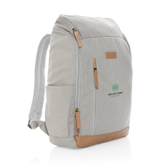 16 oz recycled canvas laptop backpack by XD Collection, 15-inch bag with multiple compartments and adjustable straps.