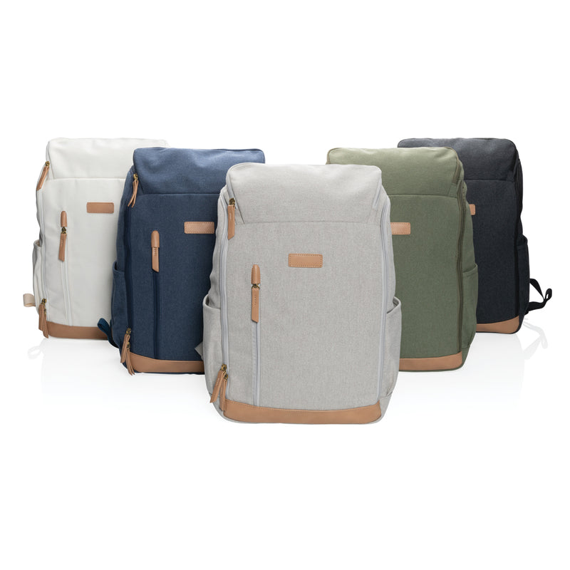 Load image into Gallery viewer, 16 oz recycled canvas laptop backpack by XD Collection with 15-inch compartment and multiple pockets, showing front view and sturdy straps.
