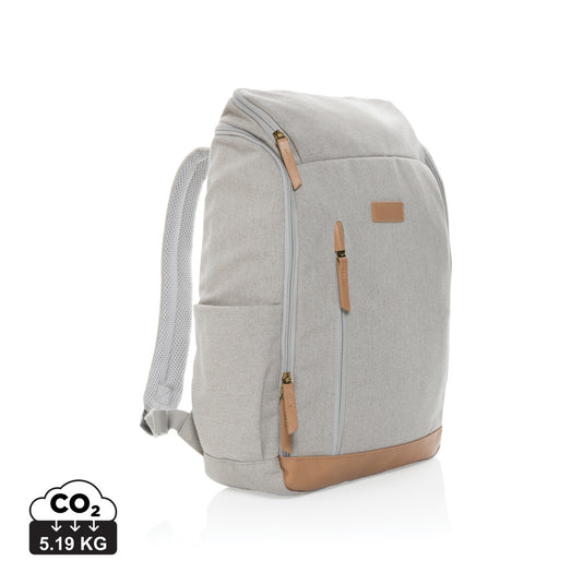 16 oz recycled canvas XD Collection laptop backpack with 15-inch compartment and adjustable straps, eco-friendly travel bag.