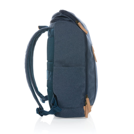 16 oz recycled canvas laptop backpack by XD Collection with padded shoulder straps and multiple compartments for travel and daily use.