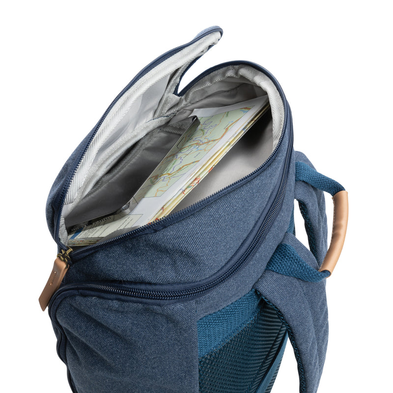 Load image into Gallery viewer, 16 oz recycled canvas laptop backpack by XD Collection, 15-inch size, with multiple compartments and padded straps.
