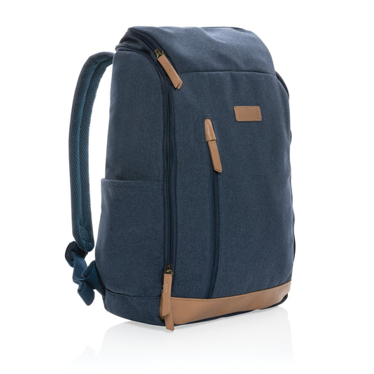 16 oz recycled canvas laptop backpack by XD Collection, 15-inch size, with multiple compartments and sturdy straps.