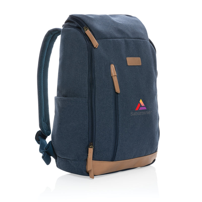 Load image into Gallery viewer, 16 oz recycled canvas laptop backpack by XD Collection with 15-inch compartment and adjustable straps, eco-friendly travel bag.
