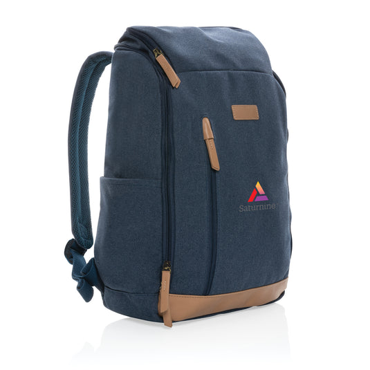 16 oz recycled canvas laptop backpack by XD Collection with 15-inch compartment and adjustable straps, eco-friendly travel bag.