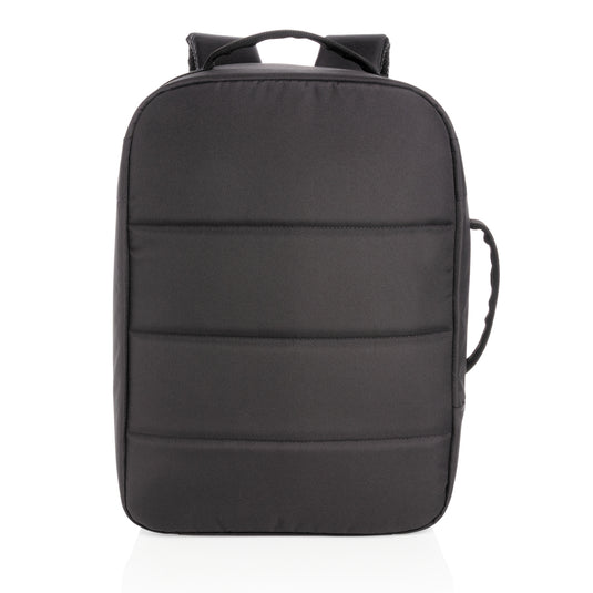XD Xclusive Impact AWARE™ RPET 15.6-inch anti-theft laptop backpack with multiple compartments and padded shoulder straps.