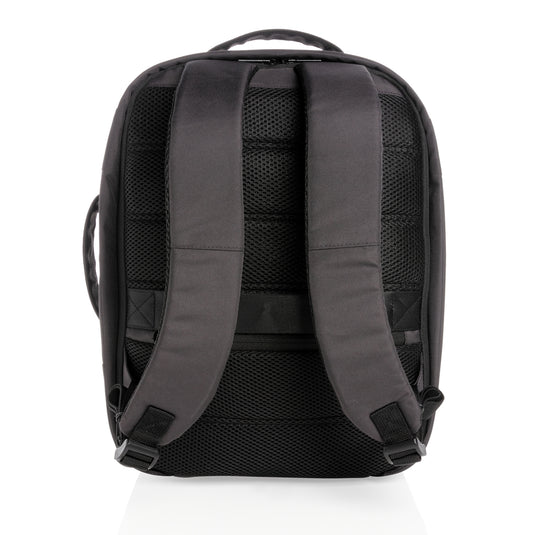 XD Xclusive Impact AWARE™ RPET 15.6-inch anti-theft laptop backpack with multiple compartments and padded shoulder straps.