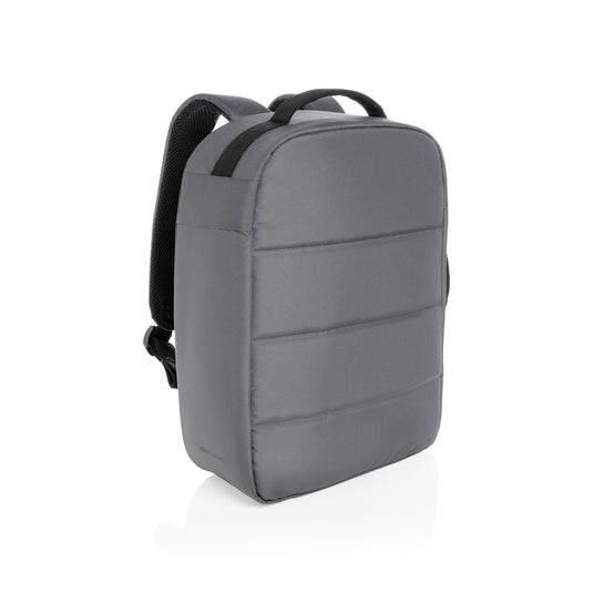 XD Xclusive Impact AWARE™ RPET 15.6-inch anti-theft laptop backpack with multiple compartments and padded shoulder straps.