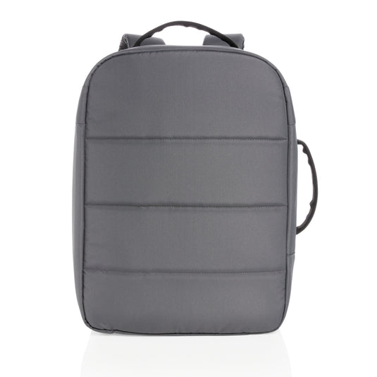 XD Xclusive Impact AWARE™ RPET 15.6-inch anti-theft laptop backpack with multiple compartments and padded straps in black fabric.