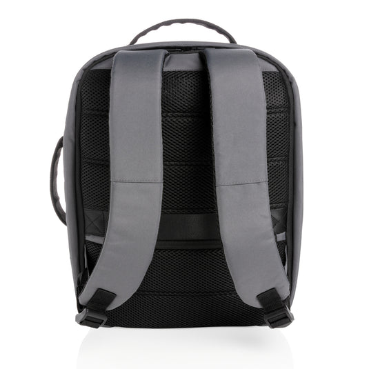 XD Xclusive Impact AWARE™ RPET anti-theft 15.6-inch laptop backpack in black with multiple compartments and padded straps.
