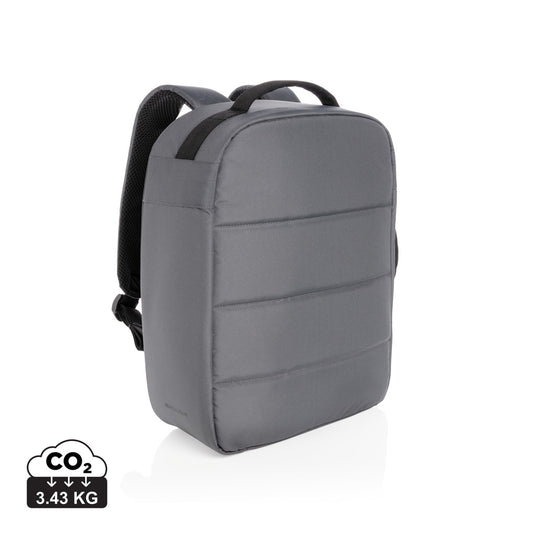 XD Xclusive Impact AWARE™ RPET 15.6-inch anti-theft laptop backpack with multiple compartments and padded straps.