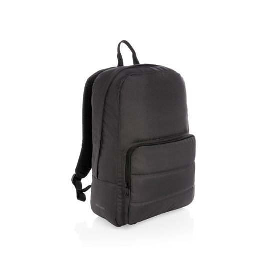 XD Xclusive Impact AWARE™ RPET 15.6-inch laptop backpack with multiple compartments and padded straps, made from recycled materials.