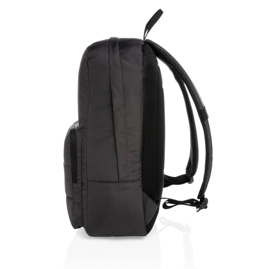 XD Xclusive Impact AWARE™ RPET 15.6-inch laptop backpack with multiple compartments and padded straps, made from recycled materials.