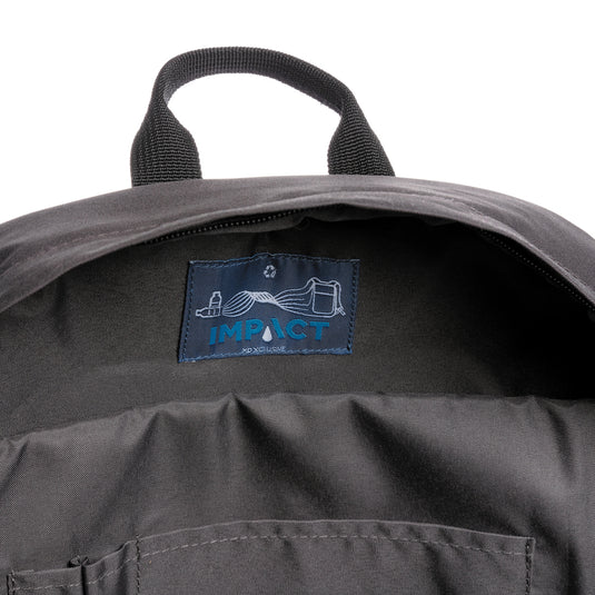 XD Xclusive Impact AWARE™ RPET 15.6-inch laptop backpack in black, featuring multiple compartments and padded shoulder straps.