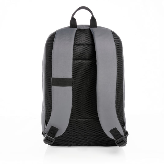 XD Xclusive Impact AWARE™ RPET 15.6-inch laptop backpack showing durable fabric and padded straps for comfortable carrying.