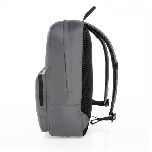 XD Xclusive Impact AWARE™ RPET 15.6-inch laptop backpack showing padded compartments and eco-friendly design in black fabric.