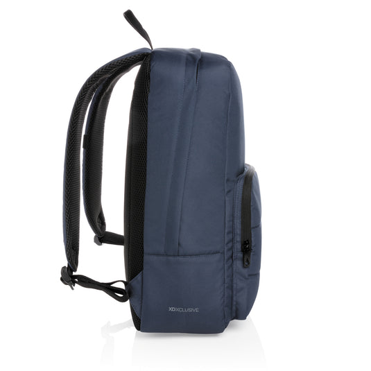 XD Xclusive Impact AWARE™ RPET 15.6-inch laptop backpack shown with multiple compartments and padded straps for comfortable carrying.