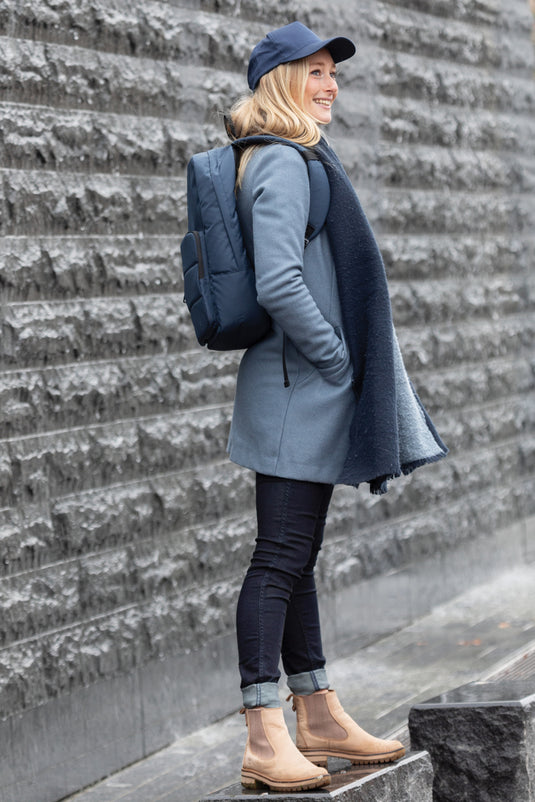XD Xclusive Impact AWARE™ RPET 15.6-inch laptop backpack showing multiple compartments and ergonomic shoulder straps.