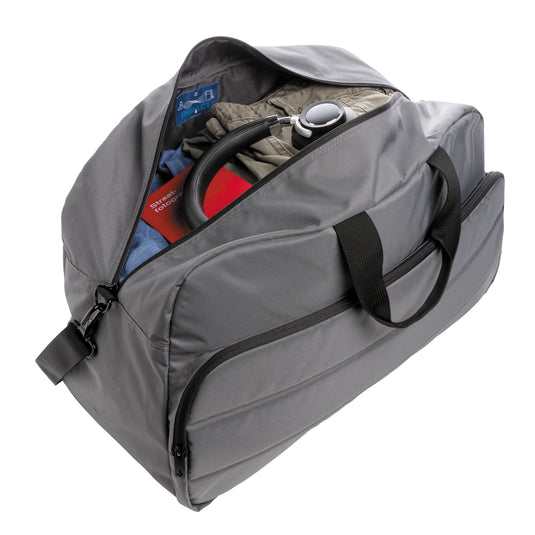 Impact AWARE™ RPET weekend duffel bag by XD Xclusive, showing durable eco-friendly fabric, sturdy handles, and spacious interior.