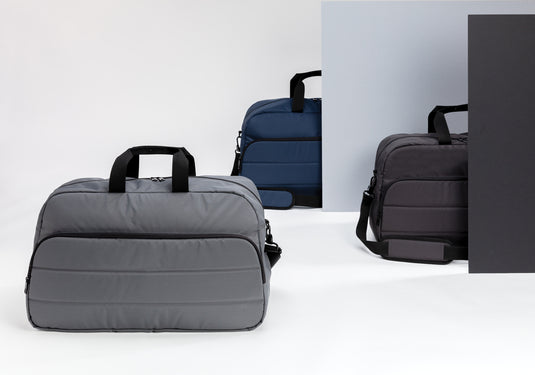 Light gray Impact AWARE™ RPET weekend duffel bag by XD Xclusive with sturdy handles and spacious interior for travel and weekend trips.