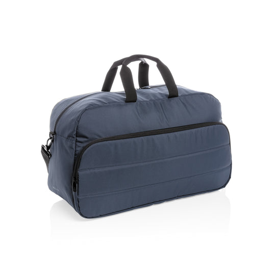 Impact AWARE™ RPET weekend duffel bag by XD Xclusive, showing the spacious navy blue travel bag with handles and zip closure.