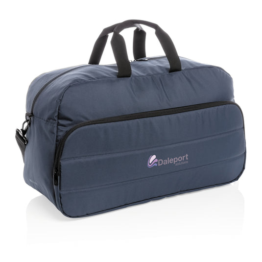 Light grey Impact AWARE™ RPET weekend duffel bag by XD Xclusive, showing sturdy handles and spacious interior for travel.