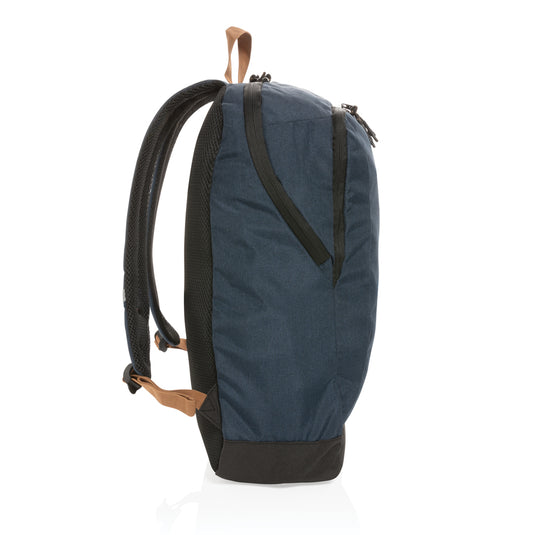Impact AWARE™ Urban outdoor backpack by XD Collection, stylish black bag with multiple compartments and adjustable straps for travel.